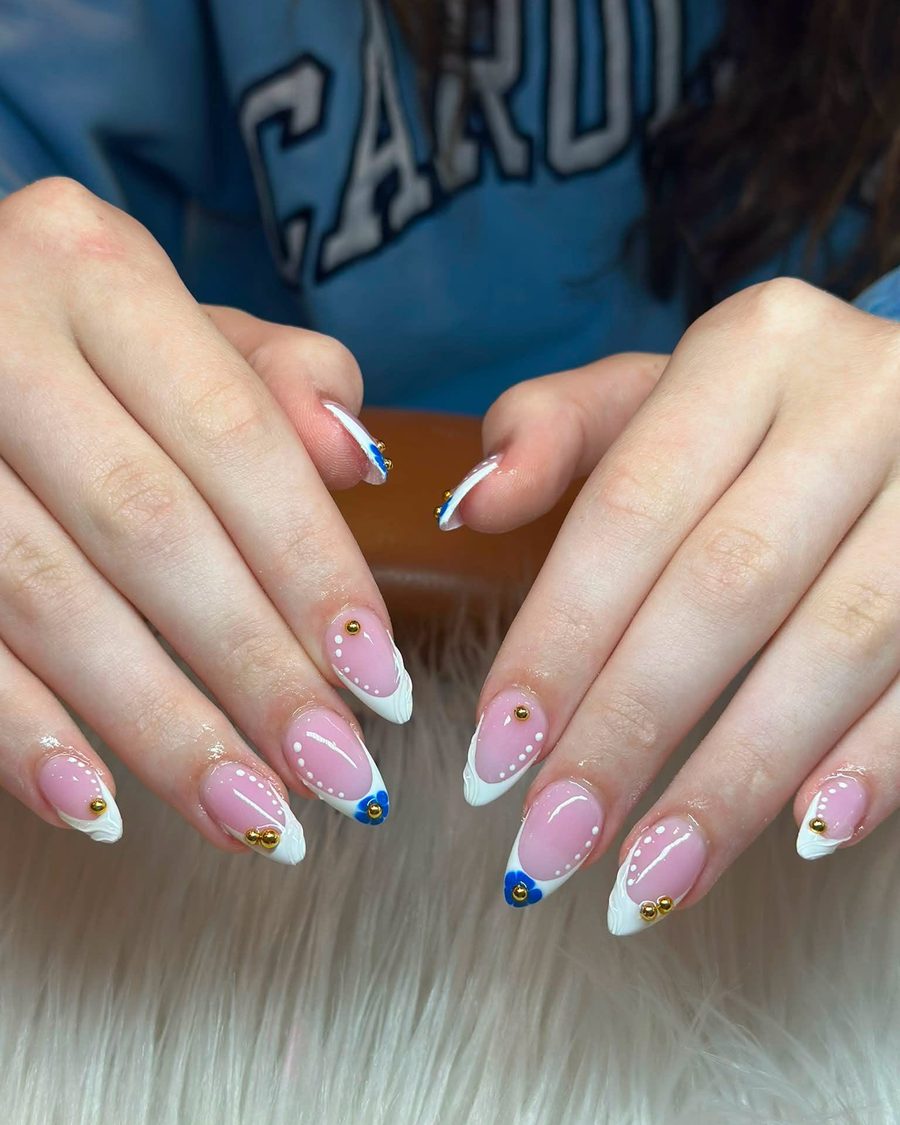 Natural pink almond French with tiny gem accents