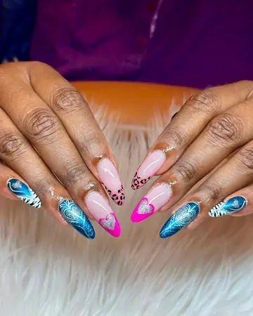 Hot pink and blue tropical art on long almond nails