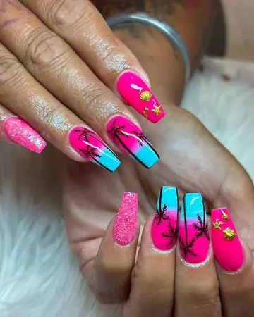 Hot pink and blue coffin nails with palm tree art