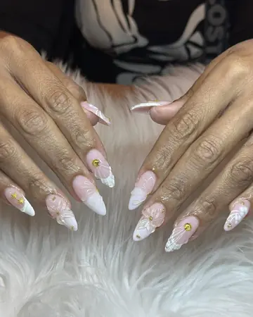 Nude almond French nails with delicate hand-painted line art