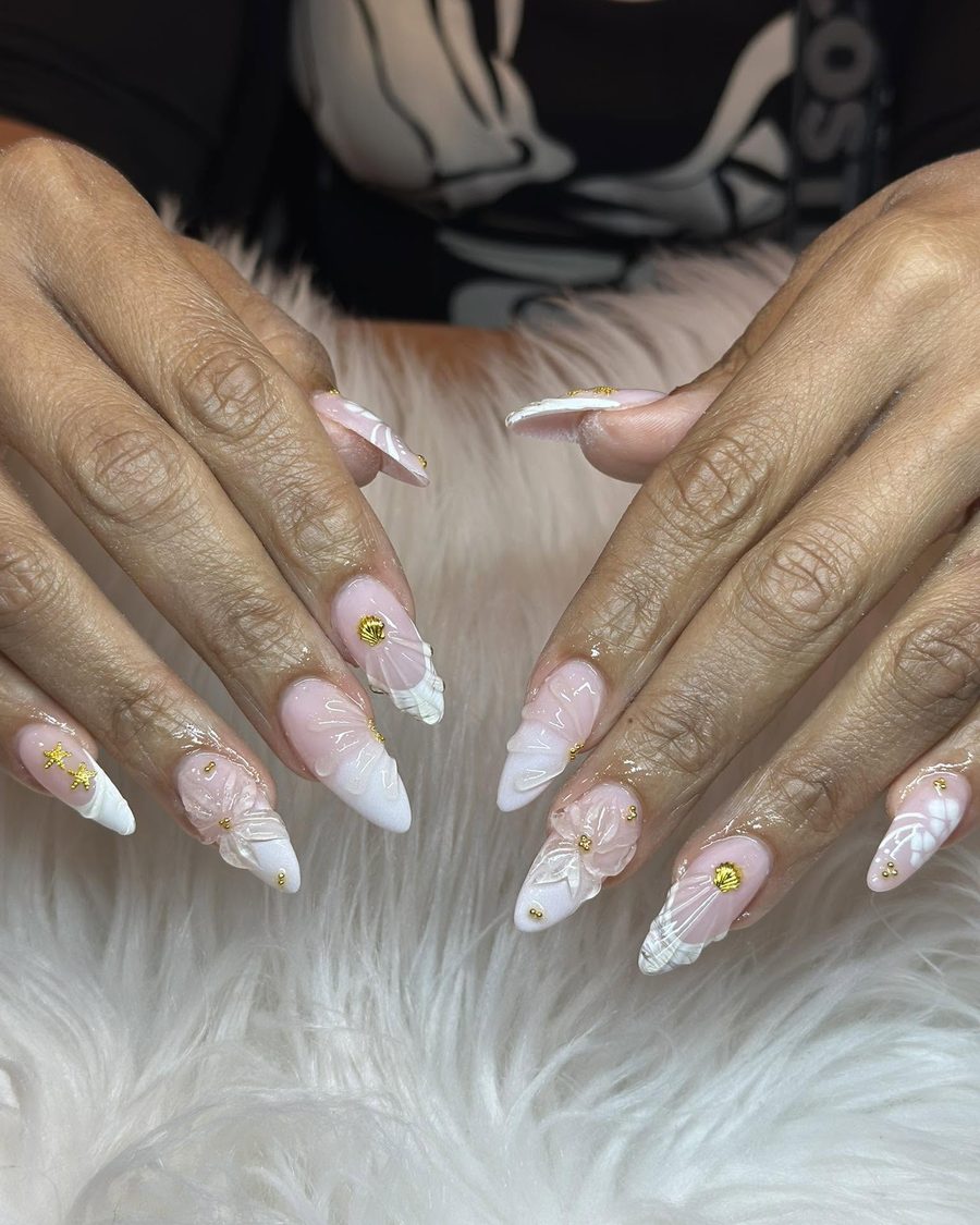 Nude almond French nails with delicate hand-painted line art