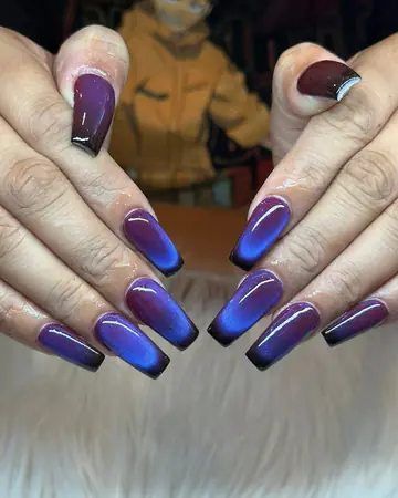 Deep purple to blue chrome ombre coffin nails