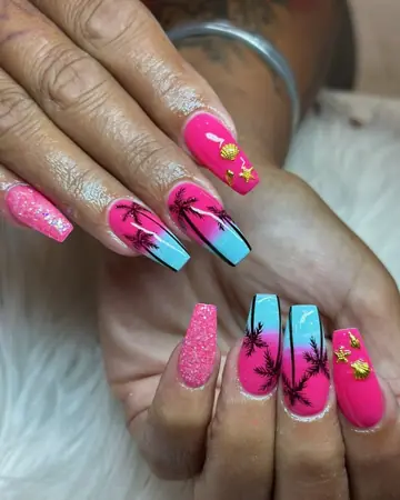 Hot pink and blue coffin nails with palm trees, glitter and gold seashells